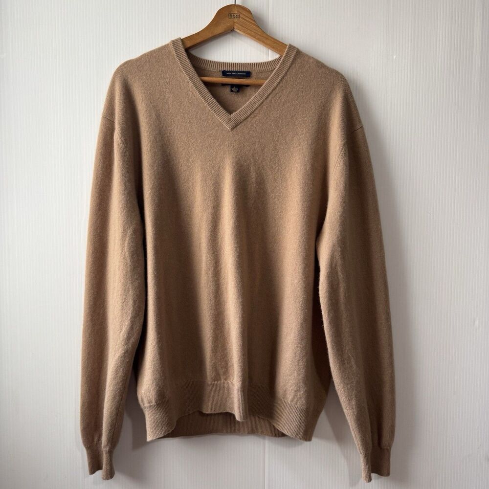 Club Room Sweater Mens Sz L 100% Fine Cashmere Beige Pullover V-Neck